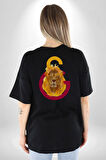 Sarı Kırmızı Aslan Ateş Logo Pamuklu Kadın Erkek Oversize Sırt Dijital Baskılı Siyah T-shirt