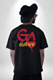 Sarı Kırmızı GS Pamuklu Kadın Erkek Oversize Sırt Dijital Baskılı Siyah T-shirt