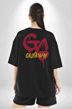 Sarı Kırmızı GS Pamuklu Kadın Erkek Oversize Sırt Dijital Baskılı Siyah T-shirt