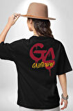 Sarı Kırmızı GS Pamuklu Kadın Erkek Oversize Sırt Dijital Baskılı Siyah T-shirt