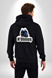 N Olmuş Yazılı Kadın Erkek Siyah Kapüşonlu Fermuarlı Baskılı Hırka Sweatshirt