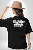 Aklını Önce Geliştir Sonra Beni Eleştir Yazılı Pamuklu Kadın Erkek Oversize Sırt Dijital Baskılı Siyah T-shirt