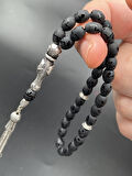 Obsidyen Tesbih Siyah Arpa Model 6x8mm 33 Tane Metal Gümüş Görünümlü Püskül D450120.180125