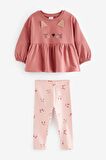 % 100 Pamuklu Pembe Kedi Desenli Alt Üst Takım
