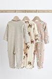 Next Baby % 100 Pamuklu Krem Animal 3’lü Tulum Set