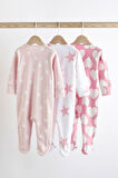 Next Baby % 100 Pamuklu Pembe Beyaz Yıldız Kalp Desenli 3’lü Tulum Set