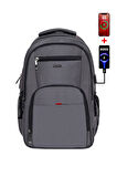 Unisex Gri Okul Sırt Çantası Orta Boy USB Type-C Laptop Bölmeli Su Geçirmez Kumaş Lise Üniversite