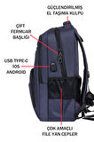 Unisex Lacivert Okul Sırt Çantası Orta Boy USB Type-C Laptop Bölmeli Su Geçirmez Lise Üniversite