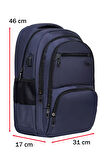 Çok Bölmeli Lacivert Okul Sırt Çantası Yandan Cepli Usb Soket 15,6 inç Laptop Bölmesi Su Geçirmez Oxford Kumaş