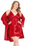 Büyük Beden Kırmızı Kısa İkili Saten Sabahlık Gecelik Takımı