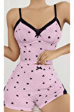 Pembe Kalp Desenli Askılı Şortlu Pijama Takım