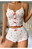 Beyaz Fiyonk Desenli Kalpli Askılı Şortlu Pijama Takım