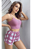 Pembe Kareli Desenli Askılı Şortlu Pijama Takım
