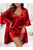 İnce Askılı Kırmızı Saten 2'li Gecelik Sabahlık Takımı