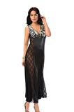 Siyah Dantelli Saten Gecelik - 085