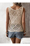 Kadın Askılı Yuvarlak Yaka Geometrik Desenli Triko Bluz