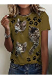Kadın Kısa Kollu Kedi Ve Pati Baskılı Süprem T-shirt