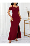 Kadın Omuzlardan Açık Askılı Yırtmaç Detaylı Uzun Ithal Krep Elbise