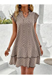 Kadın Kısa Kollu Yaka Kol Etek Ucu Fırfır Detaylı Desenli Süprem Kısa Elbise