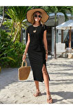Kadın Kısa Kollu Bisiklet Yaka Yandan Yırtmaçlı Viskon Midi Elbise
