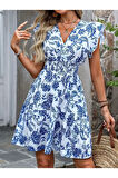 Kadın Kısa Fırfır Kollu Kruvaze Yaka çiçekli Atlas Elbise