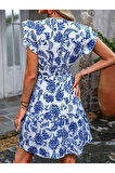 Kadın Kısa Fırfır Kollu Kruvaze Yaka çiçekli Atlas Elbise