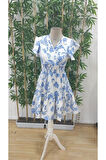 Kadın Kısa Fırfır Kollu Kruvaze Yaka çiçekli Atlas Elbise