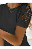Kadın Kısa Kollu Bisiklet Yaka Kolları çiçekli Güpür Detay Viskon Bluz