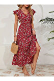 Kadın Kısa Kollu Kruvaze Yaka Beli Lastikli çiçek Desenli Elbise