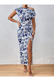 Kadın Tek Omuzu Açık Yırtmaçlı çiçek Desenli Süprem Elbise
