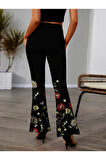 Kadın Yüksek Belli çiçek Desenli Ispanyol Paçalı Dalgıç Tayt Pantolon