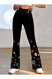 Kadın Yüksek Belli çiçek Desenli Ispanyol Paçalı Dalgıç Tayt Pantolon
