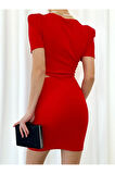 Kadın Kısa Kollu Asimetrik Yaka Detay Mini Krep Elbise