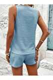 Kadın Askılı Kolsuz V Yakalı önden Düğmeli Bürümcük Bluz Ve Short Ikili Takım
