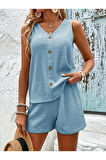 Kadın Askılı Kolsuz V Yakalı önden Düğmeli Bürümcük Bluz Ve Short Ikili Takım