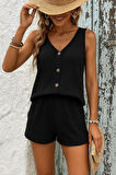 Kadın Askılı Kolsuz V Yakalı önden Düğmeli Bürümcük Bluz Ve Short Ikili Takım