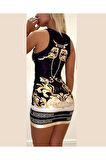 Kadın Sıfır Kollu Bisiklet Yaka Dijital Baskı Dalgıç Mini Elbise