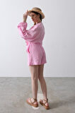 BELİ LASTİKLİ PÜSKÜLLÜ ŞORT - Pembe