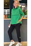 Kadın Yeşil Kapşonlu Etek Ucu Detay Arma Ters Dikiş Gorunumlu Ikili Takım