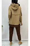Kadın Kahve Kapşonlu Etek Ucu Detay Arma Ters Dikiş Gorunumlu Ikili Takım