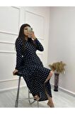 Kadın Krep Kumaş Uzun Kollu Tam Boy Puantiyeli Elbise 132 Cm