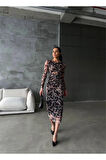 LEOPAR DESEN TÜL ELBİSE BEL DEKOLTELİ DRAPE DETAYLI - Leopar