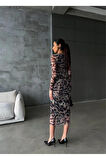 LEOPAR DESEN TÜL ELBİSE BEL DEKOLTELİ DRAPE DETAYLI - Leopar