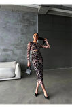 LEOPAR DESEN TÜL ELBİSE BEL DEKOLTELİ DRAPE DETAYLI - Leopar