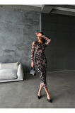 LEOPAR DESEN TÜL ELBİSE BEL DEKOLTELİ DRAPE DETAYLI - Leopar