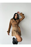 CROP TRENCH KEMER DETAYLI - Kahverengi