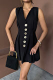 KOLSUZ GOLD DÜĞME ELBİSE PENS VE PİLELİ KISA - Siyah