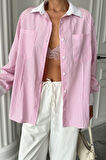 YAKA VE MANŞET BEYAZ  BOYFRİEND ÇİZGİLİ  POPLİN GÖMLEK - Pembe