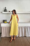 KETEN ÖNDEN DÜĞMELİ KOLSUZ GÖMLEK YAKA ELBİSE - Sarı