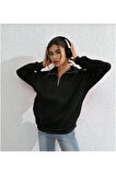 Unisex Uzun Kol Yarım Farmuarlı Yakalı Basic SweatShirt - Siyah